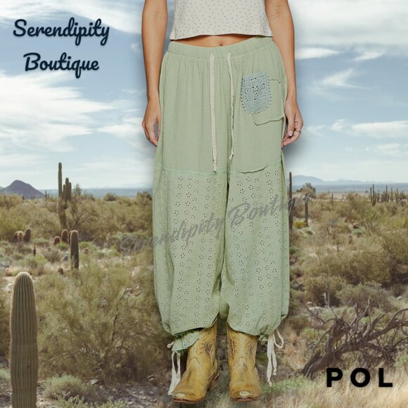 POL Girly Style Boho with Western Flare Eyelet Lace Gauze Drawstring Wide Pants - Picture 5 of 14